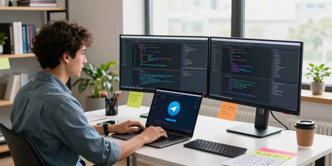 Telegram download in a modern workspace with a developer using multiple screens and a laptop to enhance communication and productivity.