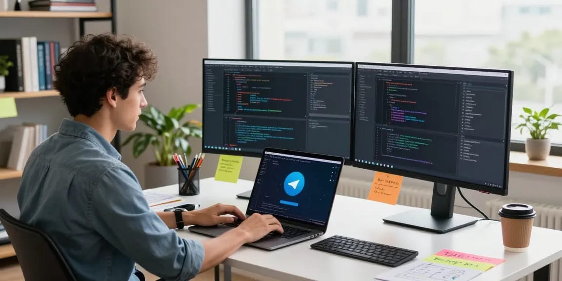 Telegram download in a modern workspace with a developer using multiple screens and a laptop to enhance communication and productivity.