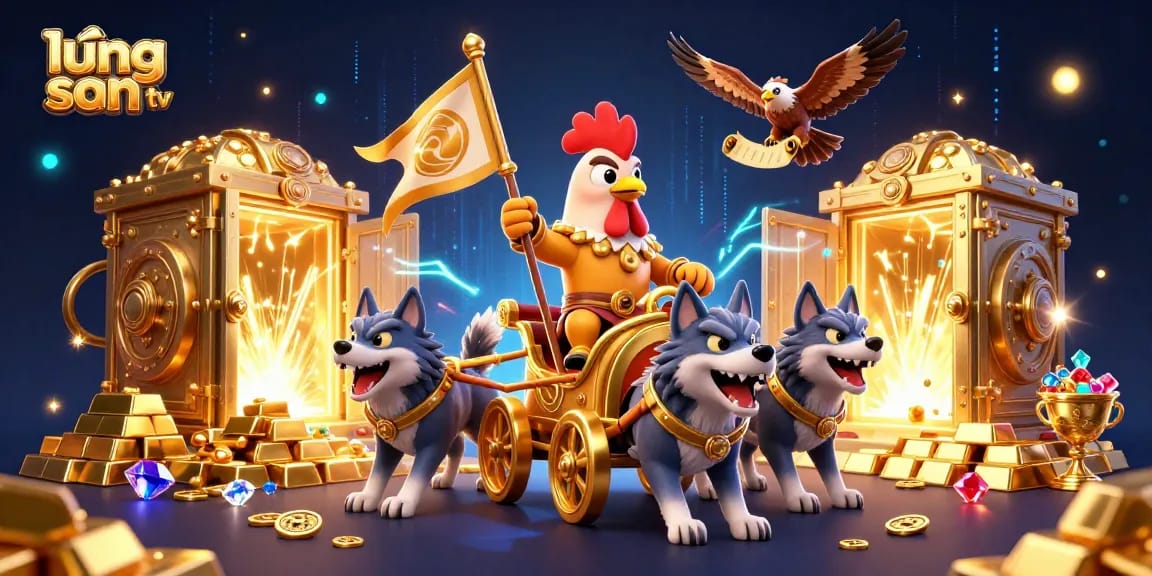 Win big with lương sơn tv in this vibrant 3D illustration featuring a rooster warlord and golden treasures.