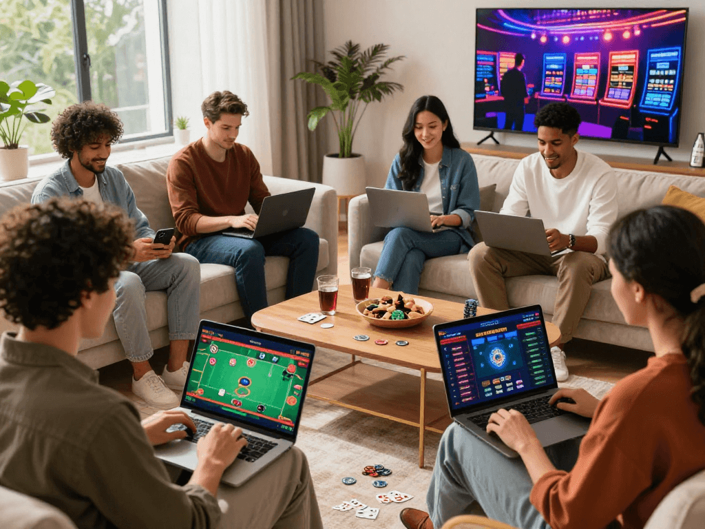 Engaged players enjoying diverse game options at gambleonline sites in a lively home setting.
