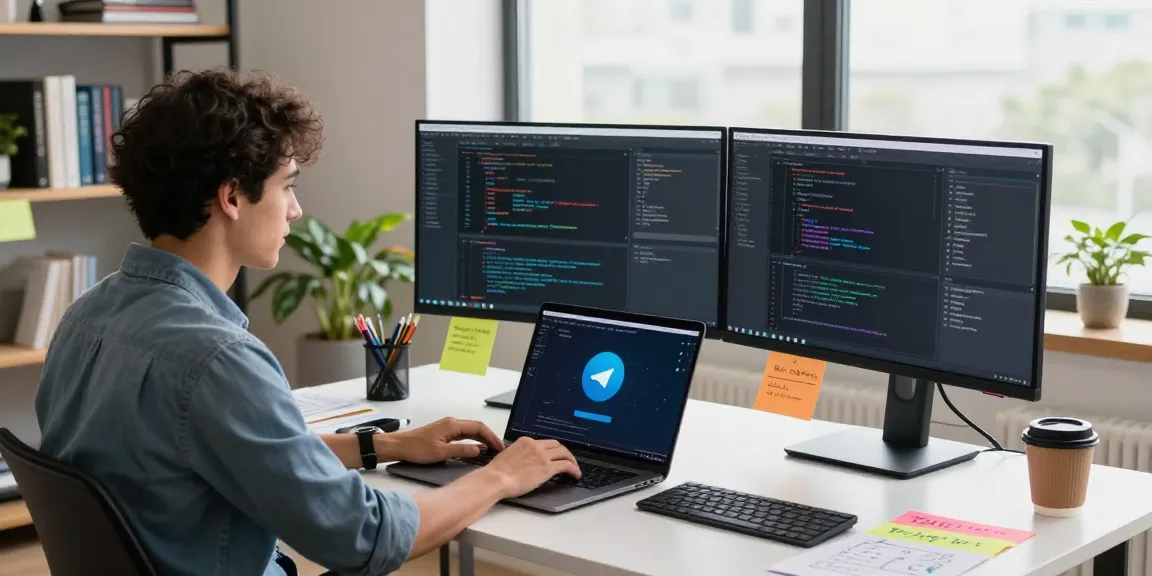 Telegram download in a modern workspace with a developer using multiple screens and a laptop to enhance communication and productivity.