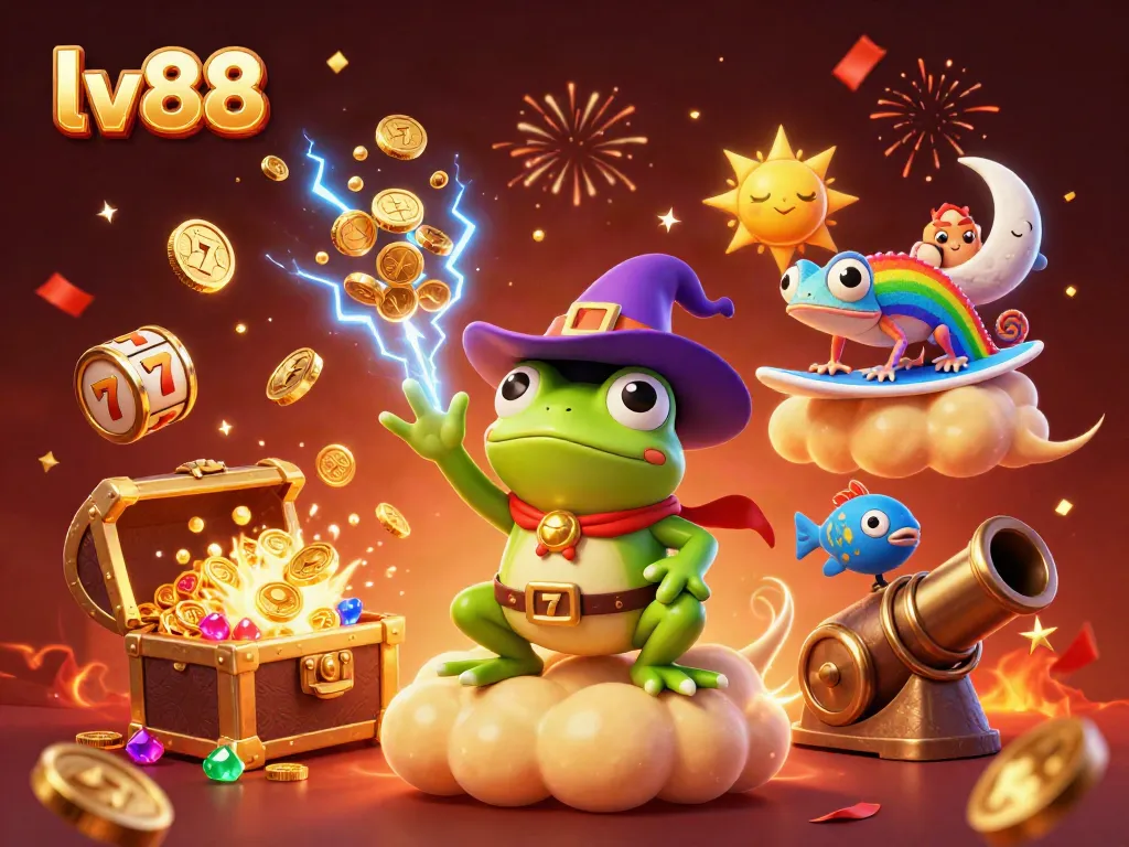 Experience excitement at lv88 with a magical scene of a frog wizard and chameleon amidst a treasure storm.