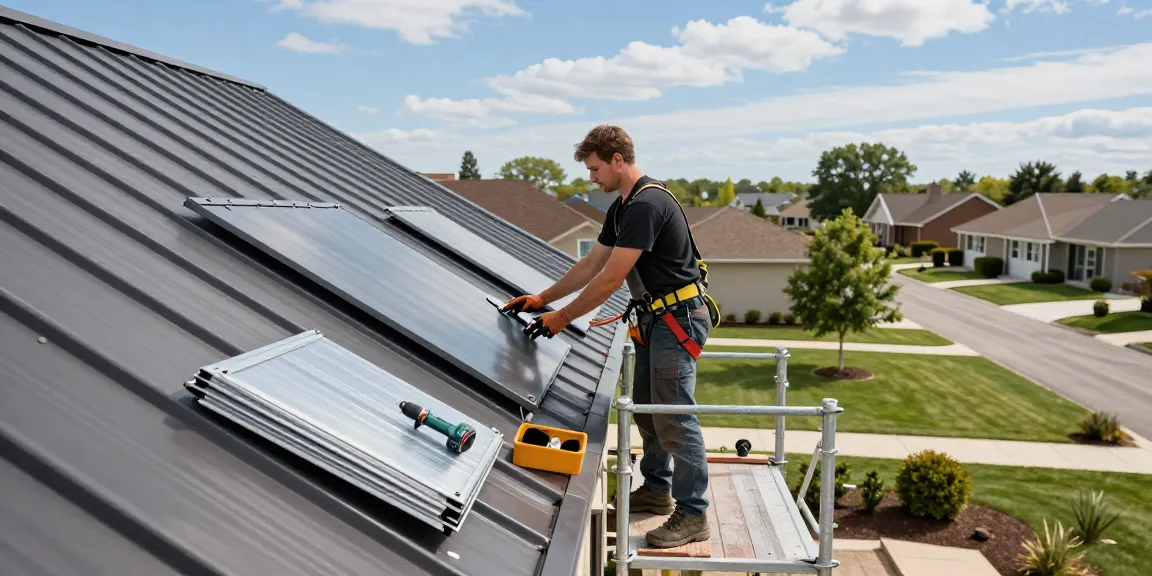 Metal roof installation with contractor applying panels in a modern home setting.