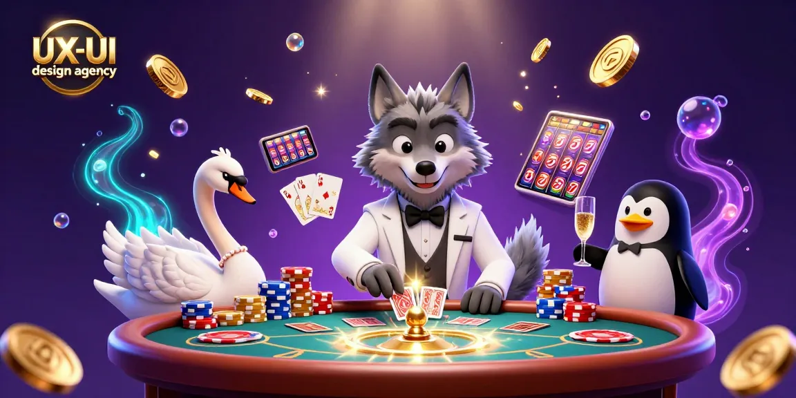 Engaging scene featuring a debonair wolf, elegant swan, and sophisticated penguin in a UX/UI design agency-themed casino where cards and coins fly.
