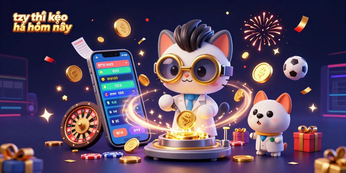 Tỷ lệ kèo nhà cái hôm nay illustrated with a mad scientist cat and dog, showcasing dynamic sports betting elements.