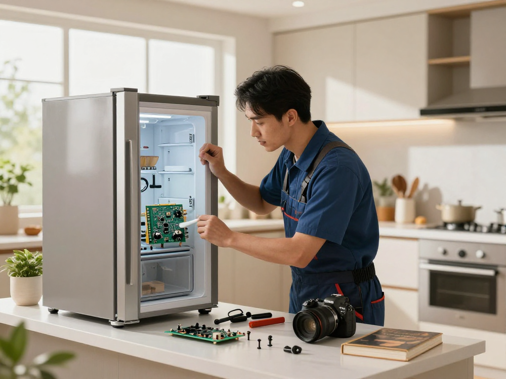 Appliance Repair in Vaughan with technician fixing a refrigerator in a modern kitchen setting.