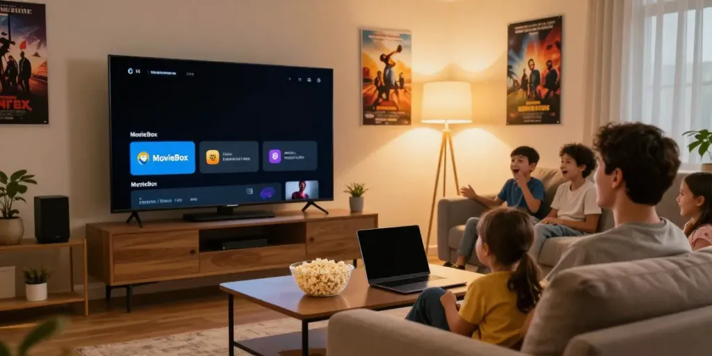 Enjoying moviebox app on TV with family in cozy living room