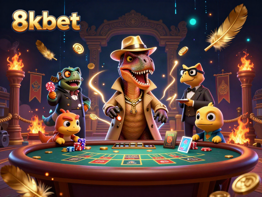 Experience thrilling action at 8xbet with a lively cartoon scene of a velociraptor card counter, pit boss, and pickpocket.