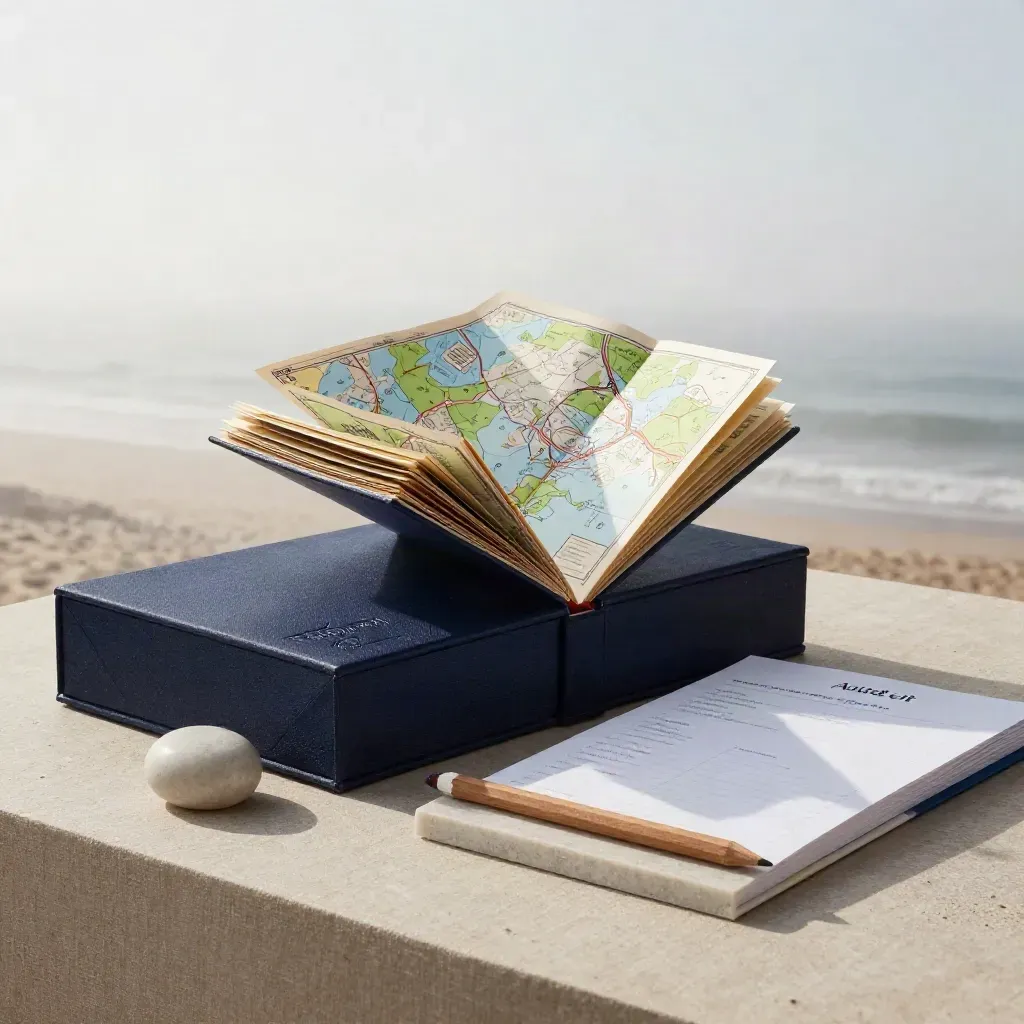 Linen strategy folio box, booklet, roadmap and pencil on pale limestone in foggy morning light.