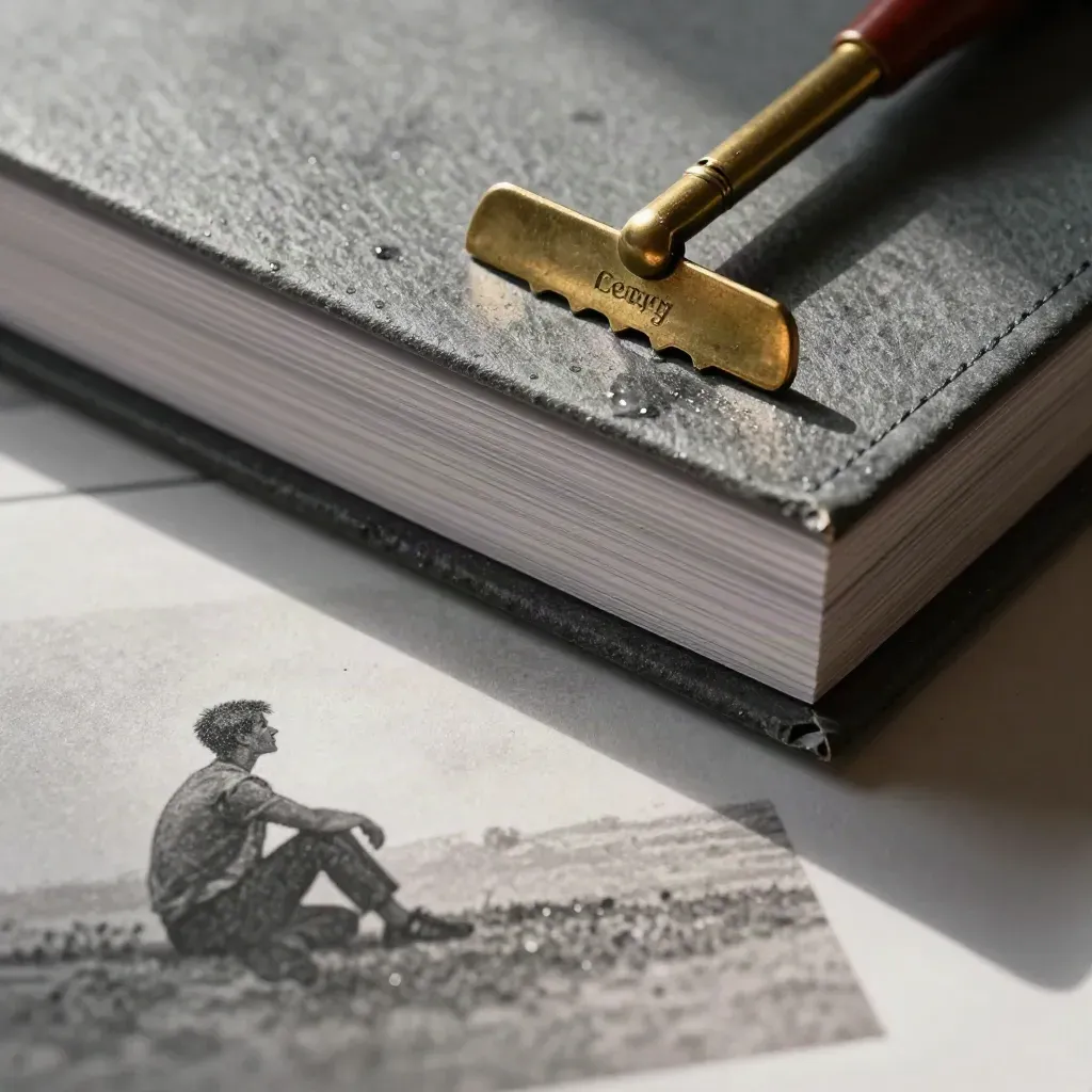 Macro of a graphite strategy audit folio on wet slate with a brass tab and receding water sheen.