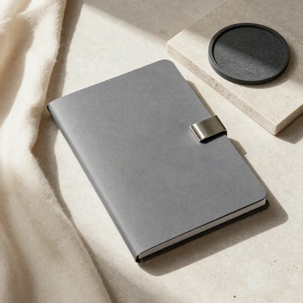 Overhead folio half-buried in cream wool with cloth and coaster on pale stone.