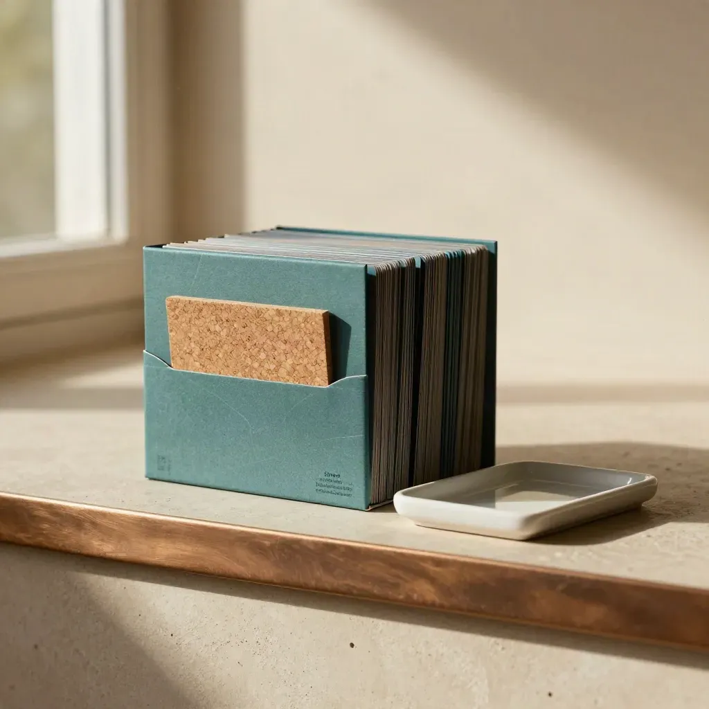 Open consulting kit with card sleeves, cork block and ceramic tray in warm side light.