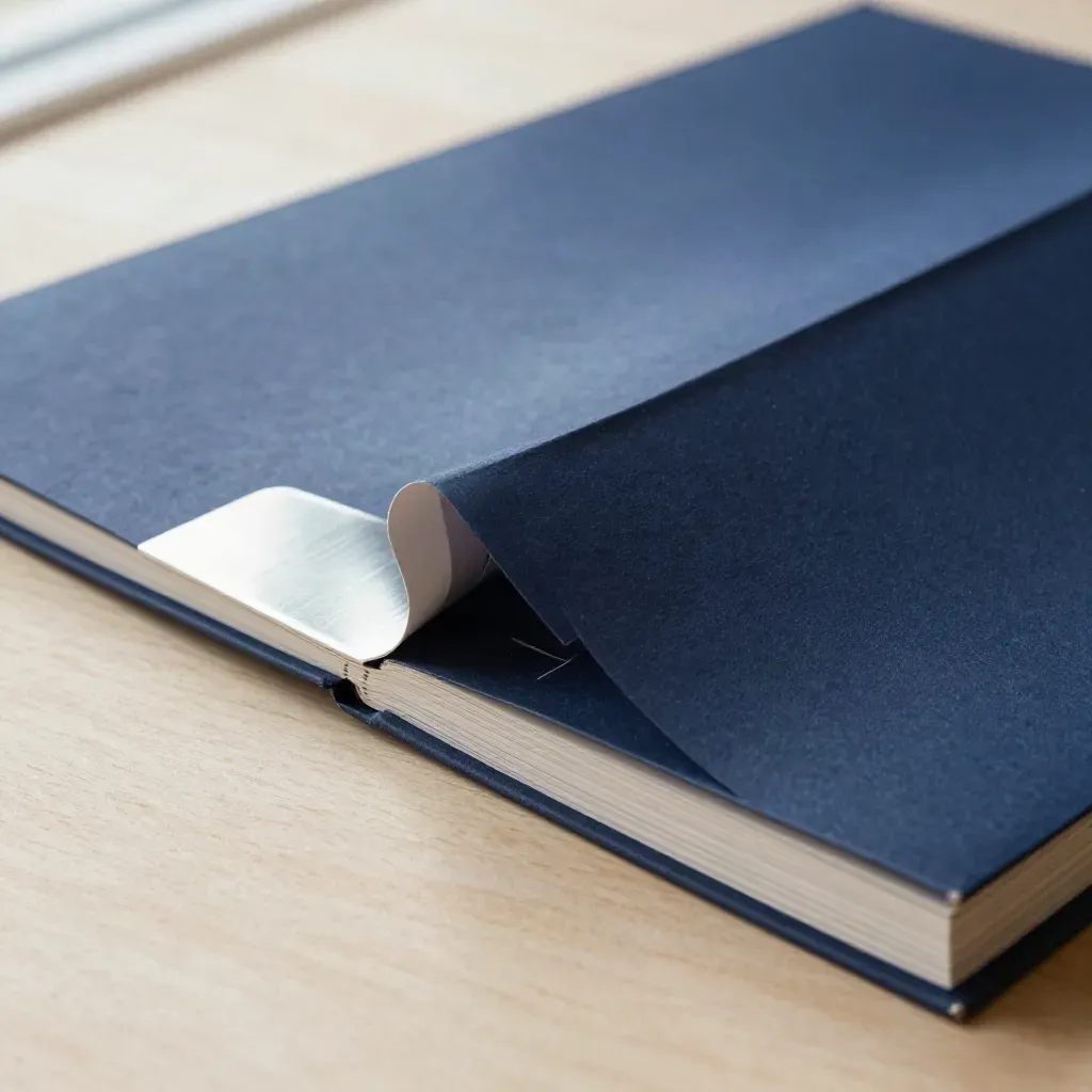 Macro of a navy paper roadmap folio with brushed metal weight on pale wood.