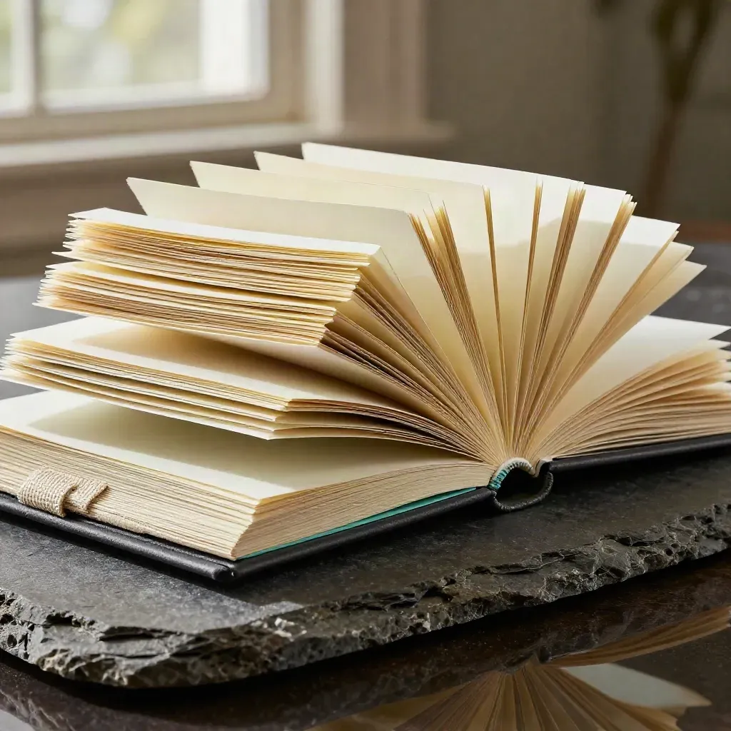 Dark workshop kit with fanned binders, note cards and linen sleeve on stone and glass.