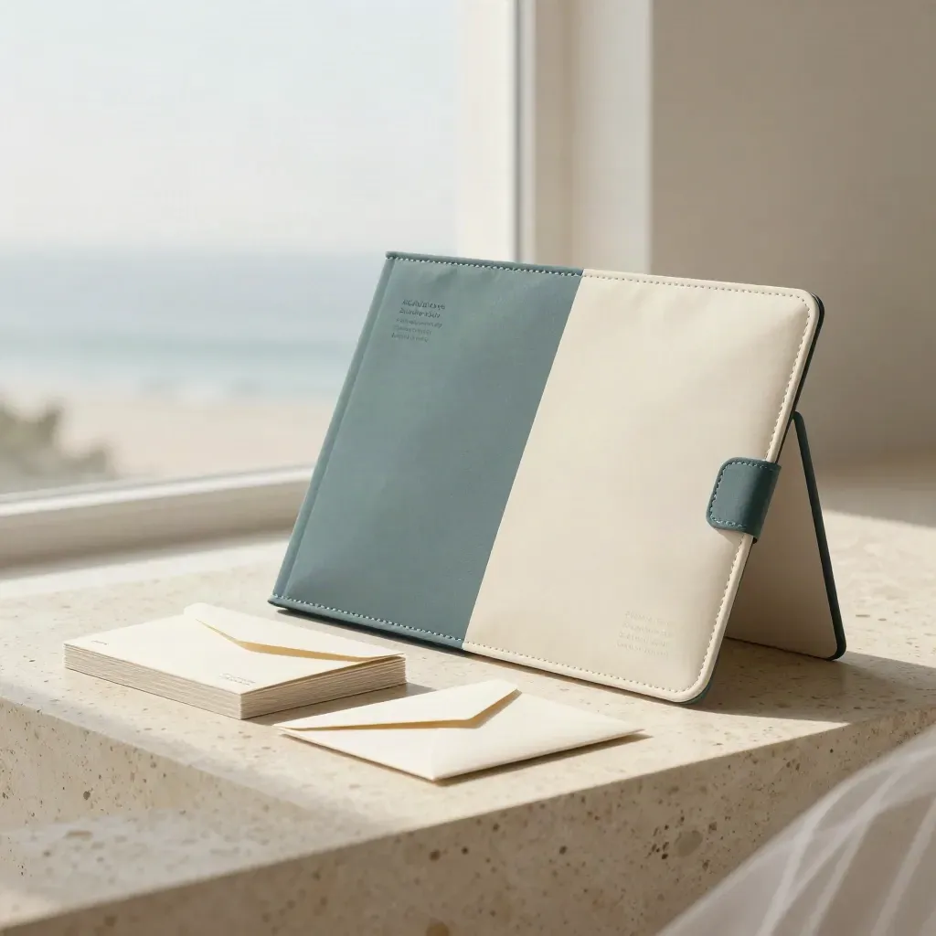 Startup launch pack with workbook, cards, and sealed envelope on a travertine plinth