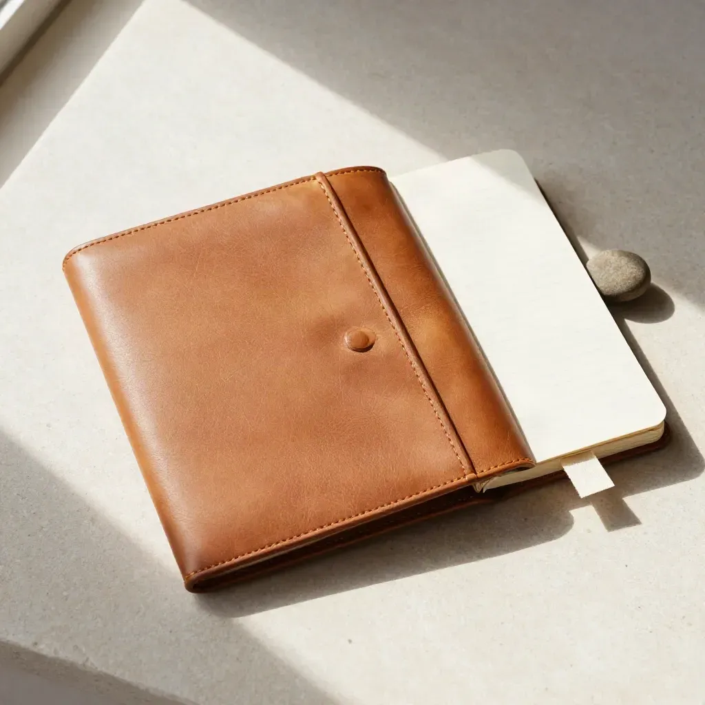 Top-down flatlay of an executive coaching kit on pale stone with notebook, leather folio and pebble weight.