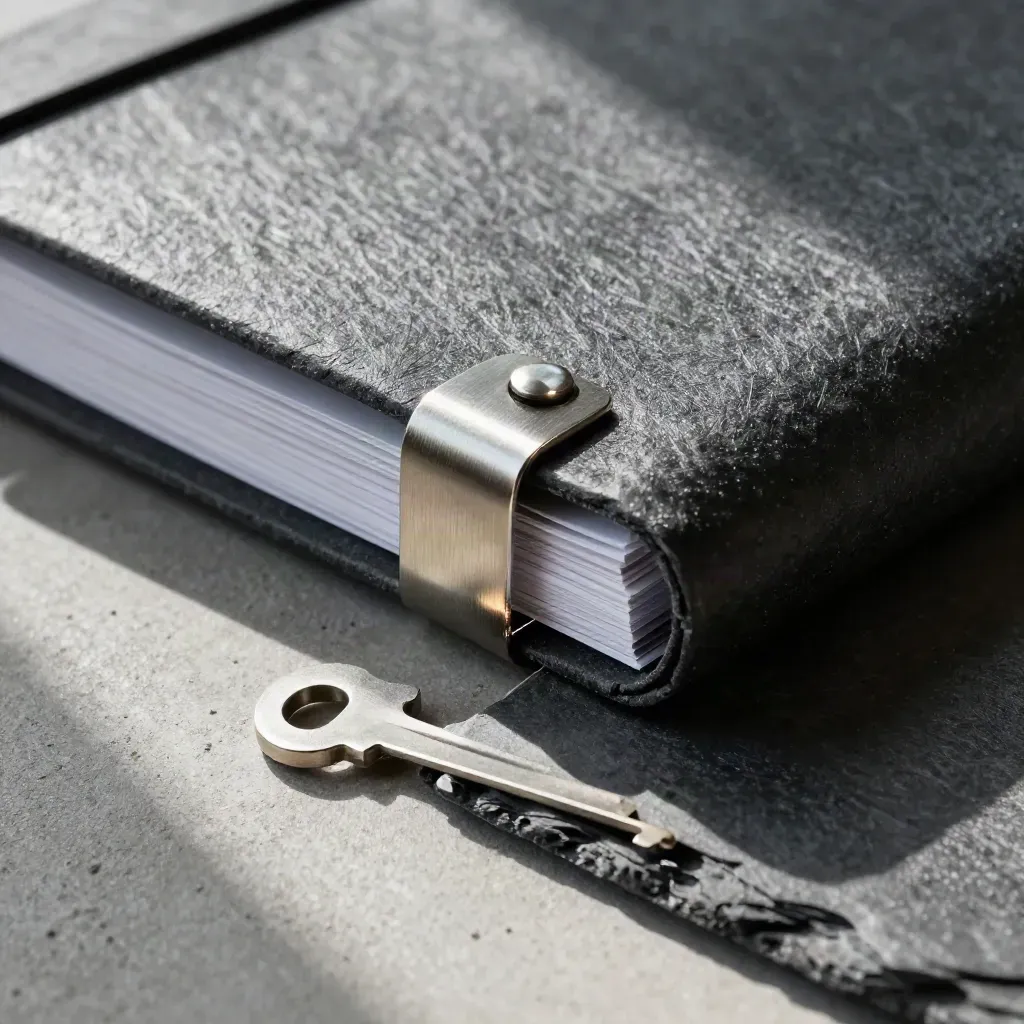 Charcoal audit report folio sliding out on cool concrete with a metal clip and translucent divider.