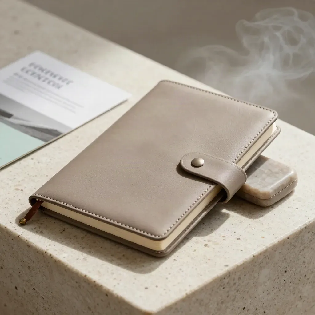 Founder coaching pack with notebook, slim case and stone paperweight on travertine