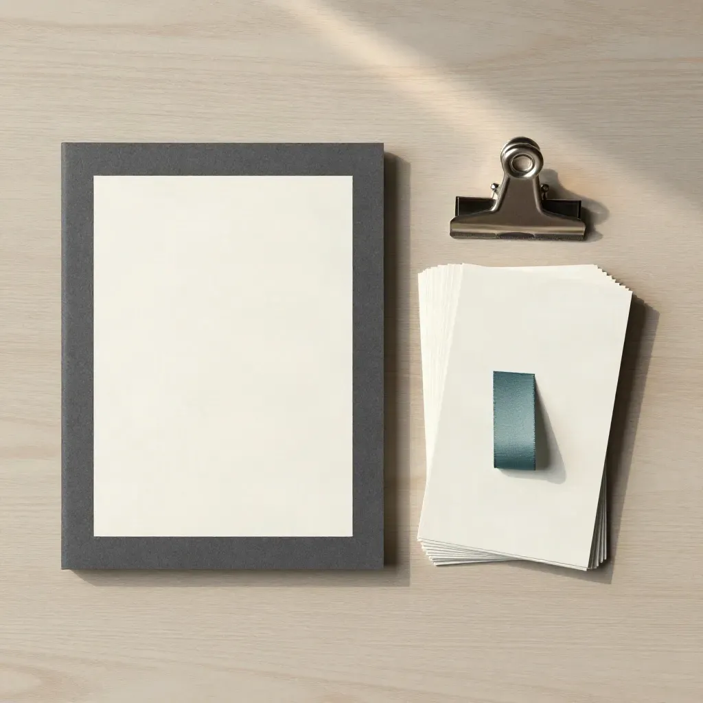Overhead flatlay of a retail review folio, sample cards, ribbon tab, and metal clip on pale ash wood.