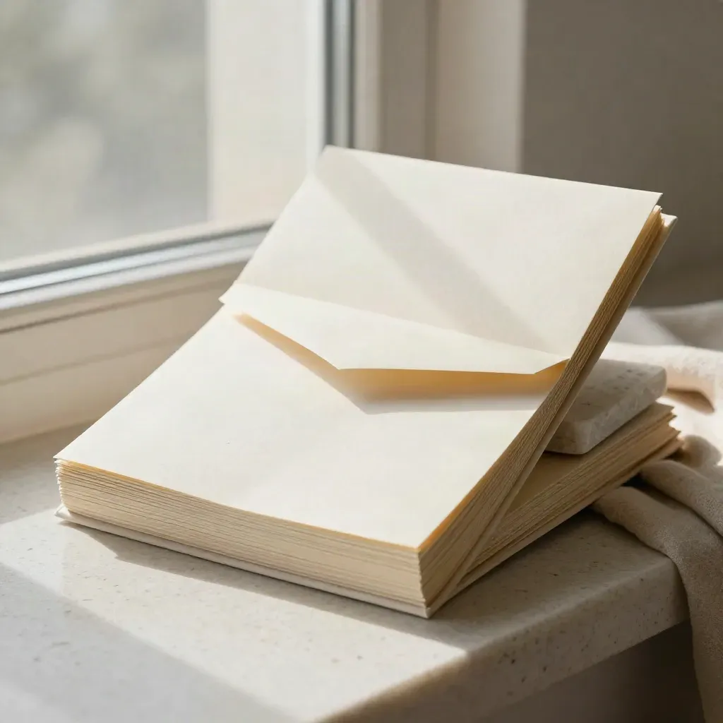 Consulting notes stack with envelope and stone coaster in soft window light on linen and travertine.