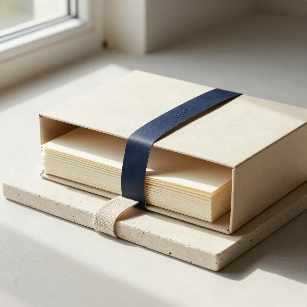 Workshop kit with folio boxes, folding board and linen strap on pale stone