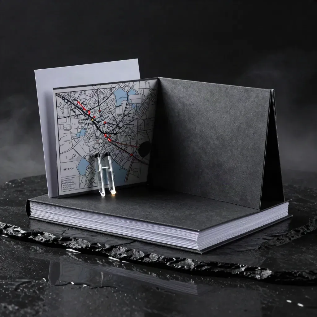 Dark studio folio with map sleeve and clear acrylic markers on wet black stone.