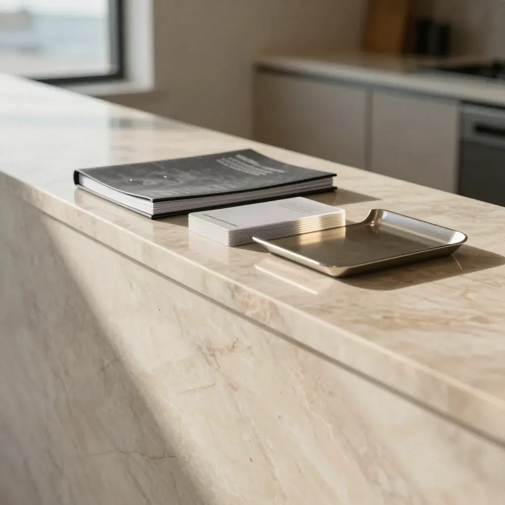 Sunlit marble foyer ledge with strategy folders, blurred stairs, and calm copy space.