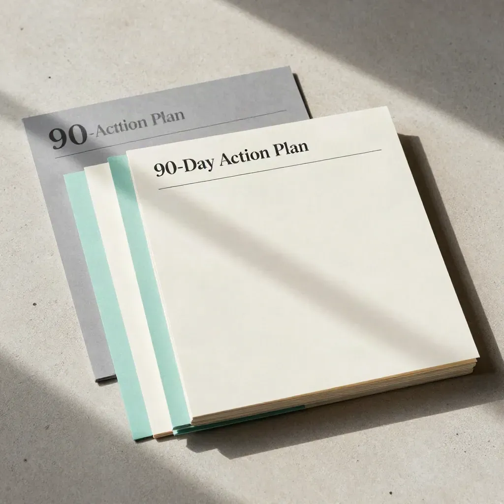 Overhead folio layout with tabbed inserts, graphite page weight and seafoam accent on pale concrete.