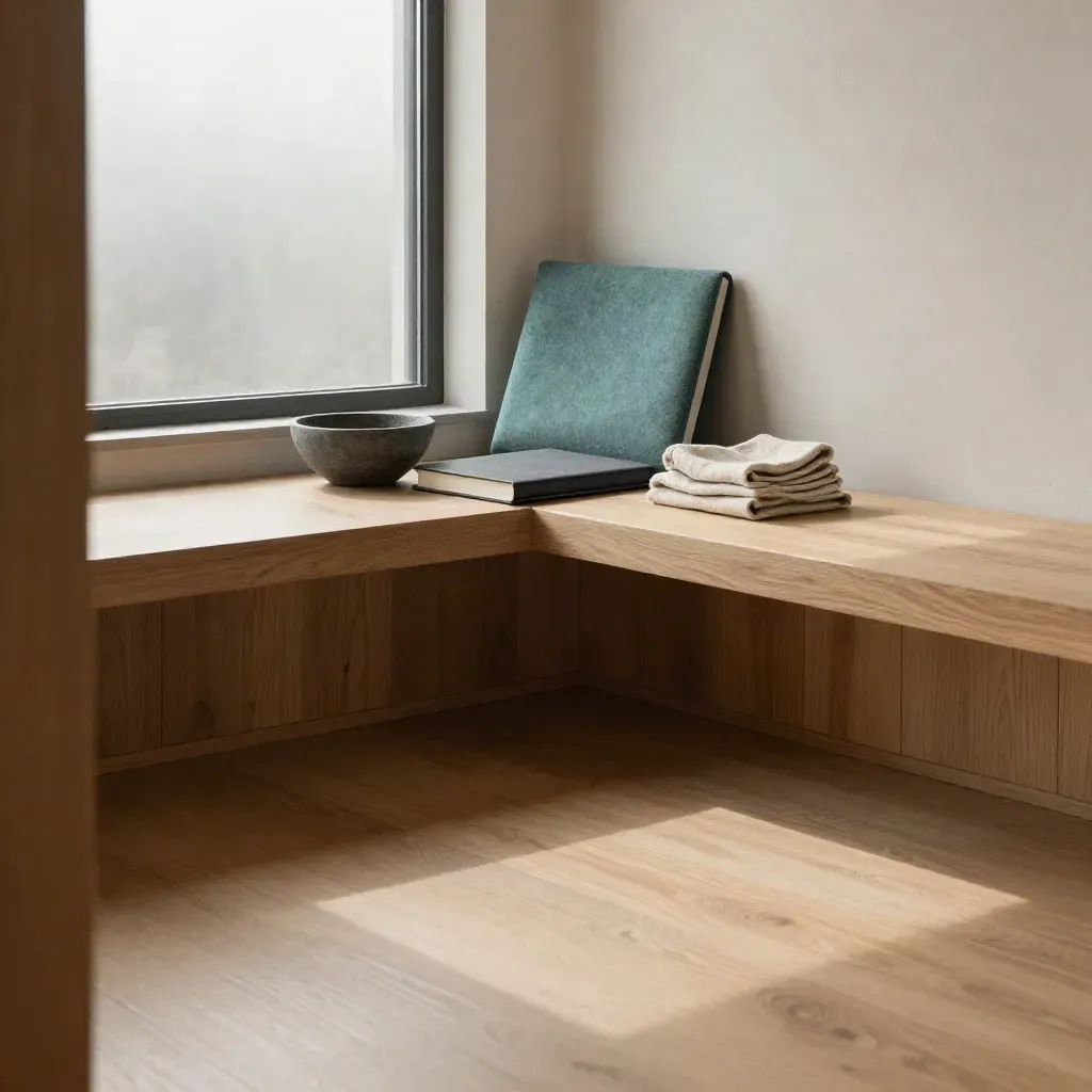 Warm oak consulting nook with chair back, portfolio, stone bowl, and soft window glow.