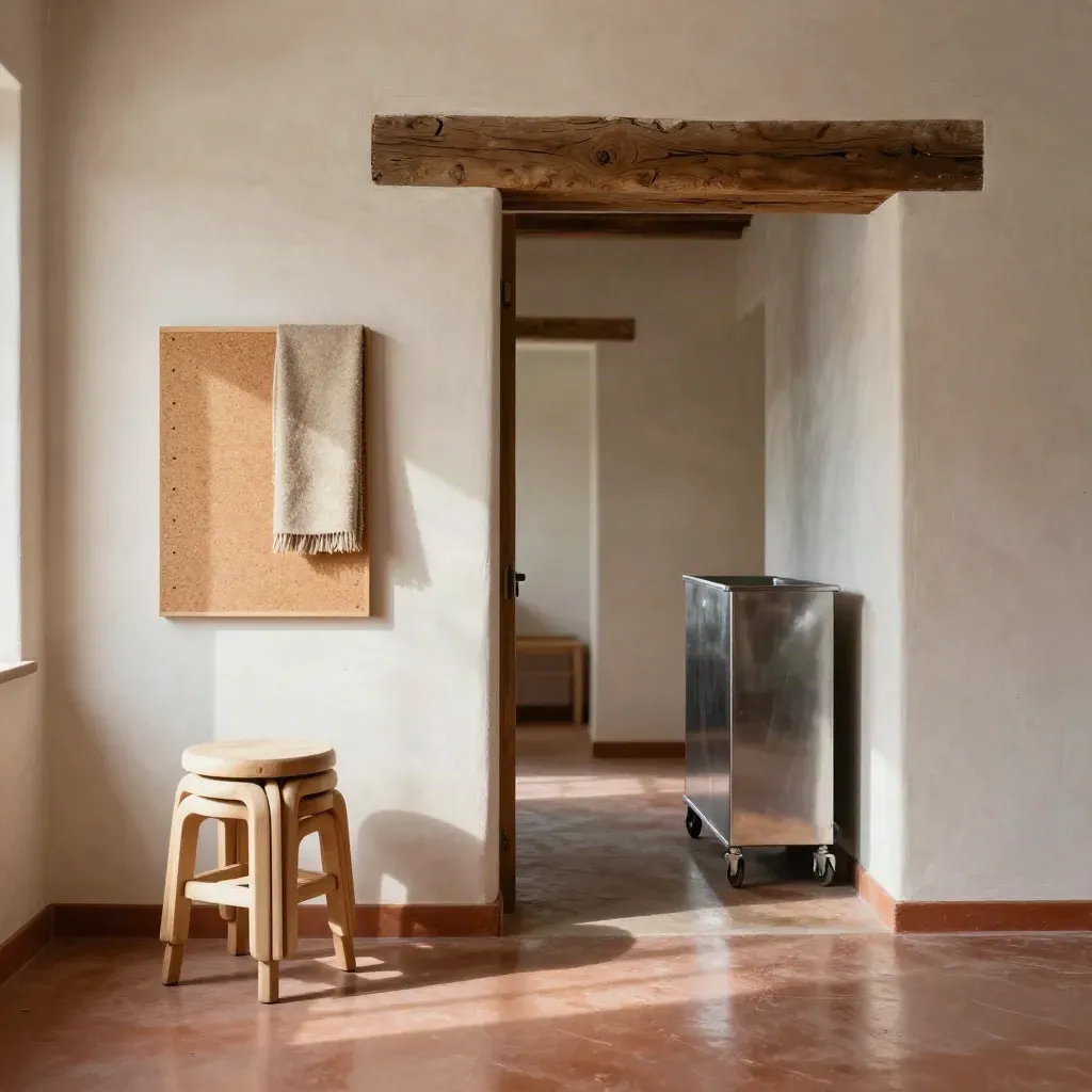 Sunlit heritage workshop corridor with plaster walls, timber beam, and calm empty floor