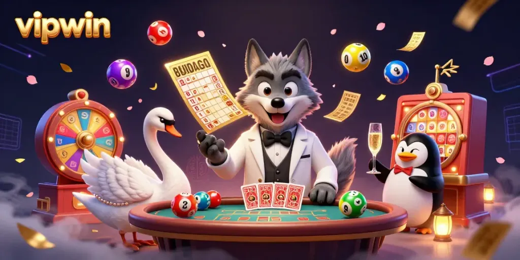Experience the vibrant and luxurious vibe of vipwin with a sophisticated illustration of a debonair wolf and elegant characters in a rich casino setting.