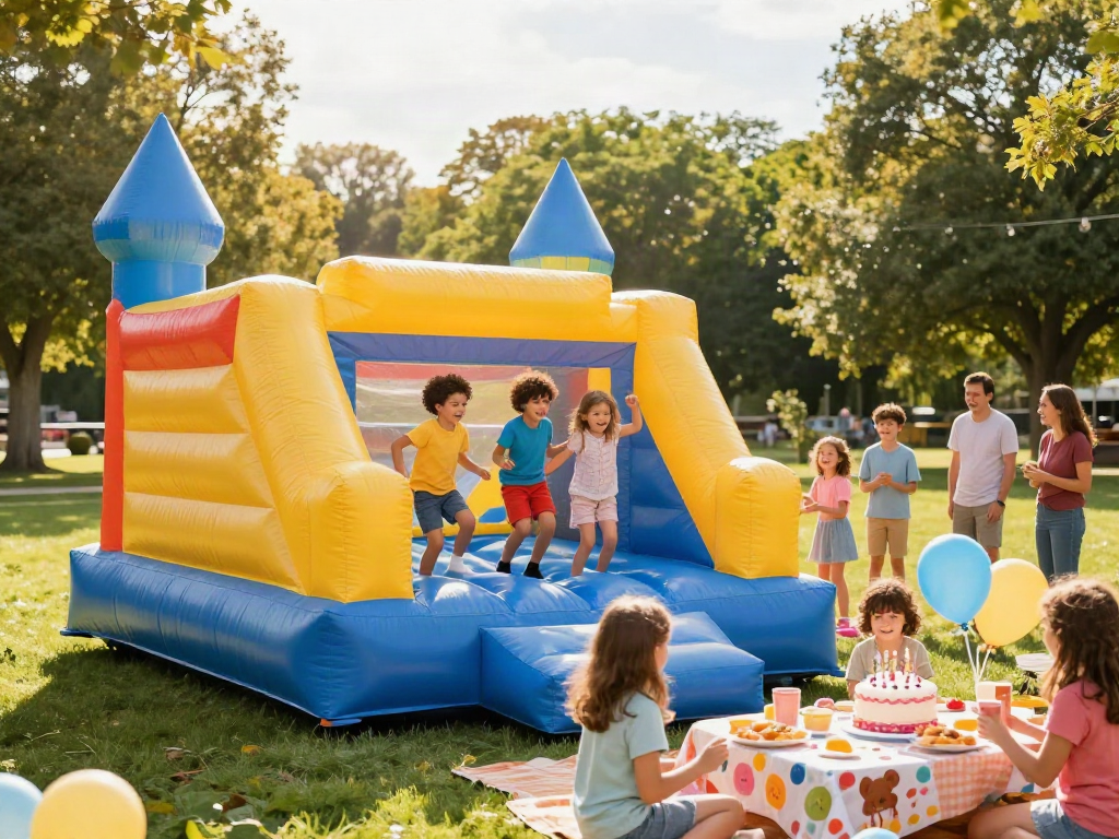Kids enjoying an inflatable castle at a sunny outdoor birthday party.