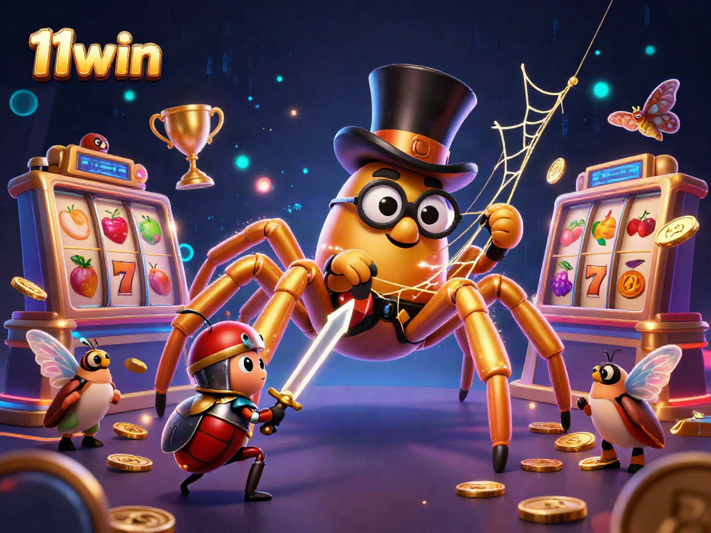 Experience thrilling slots with 11win featuring golden tarantula, beetle knight, and vibrant gaming elements.