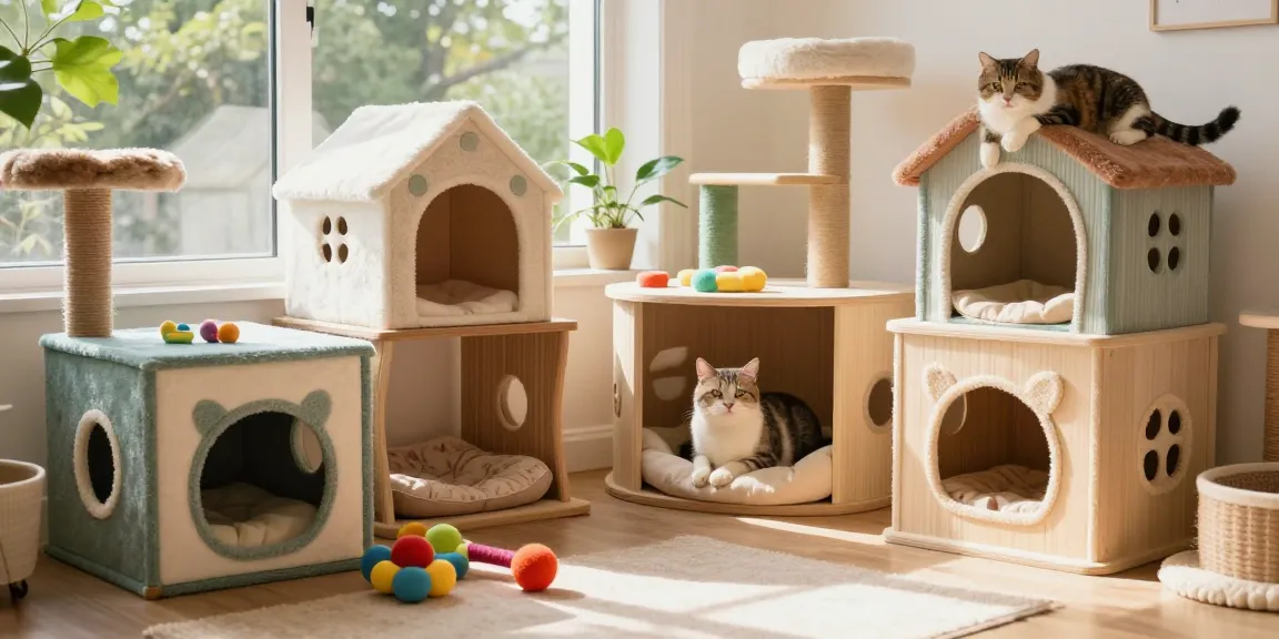 Cat Condos arranged in a sunny indoor space, showcasing comfort and playful design for pets.