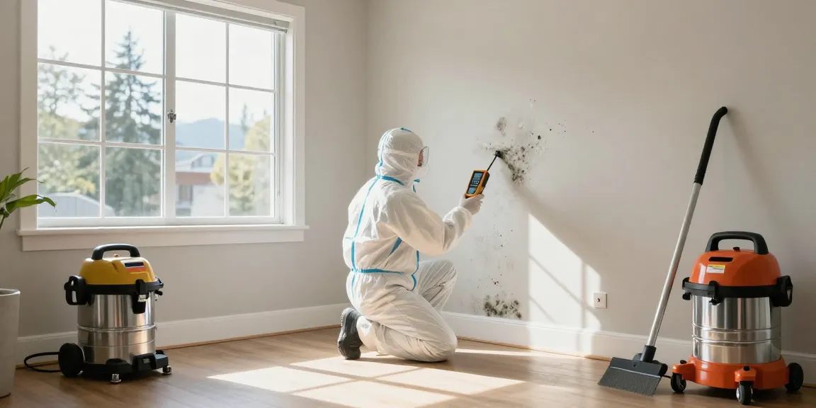 Mold Remediation West Vancouver technician inspecting damp wall with moisture meter in a bright home setting.