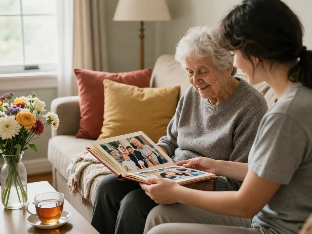 Dementia Haldimand family connecting in a warm living room, sharing memories and comfort.