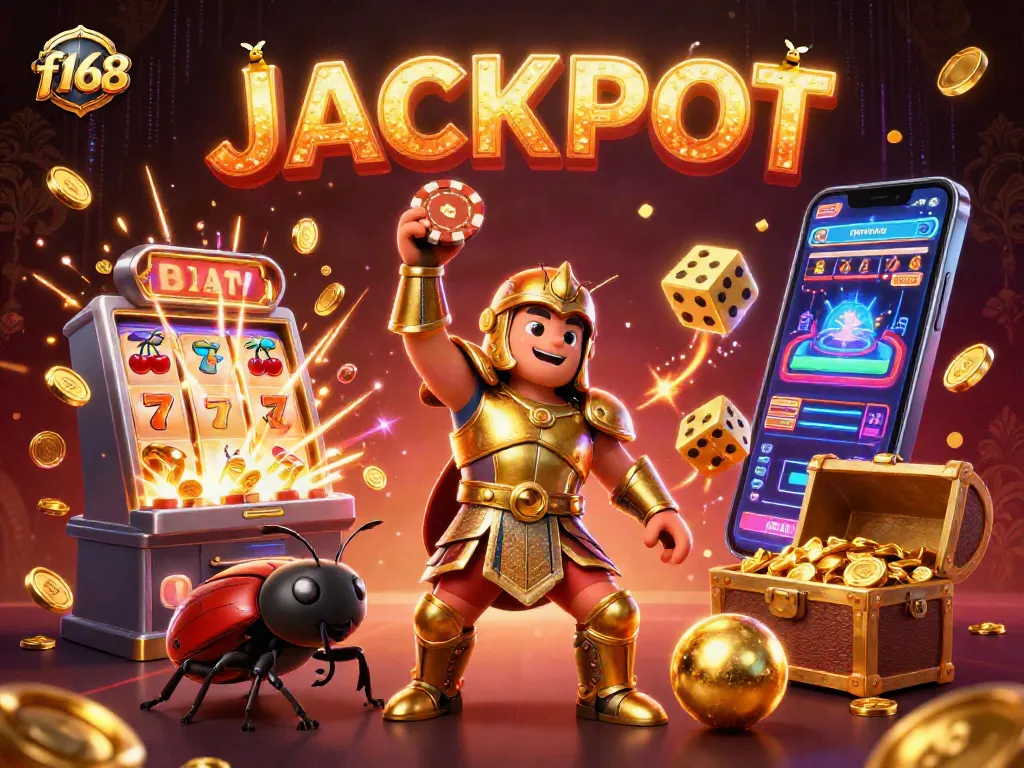 Win with f168 in this vibrant, action-packed casino-themed illustration featuring beetle characters.