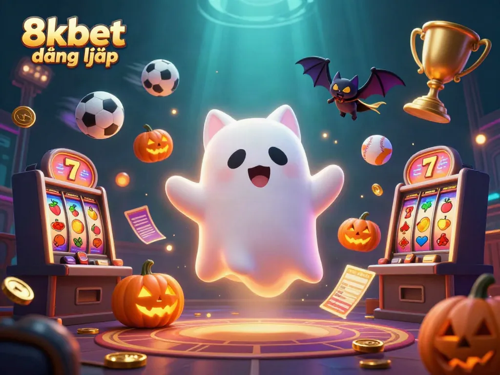 Experience fun with 8xbet đăng nhập, featuring a ghost cat and vibrant casino elements in 3D.