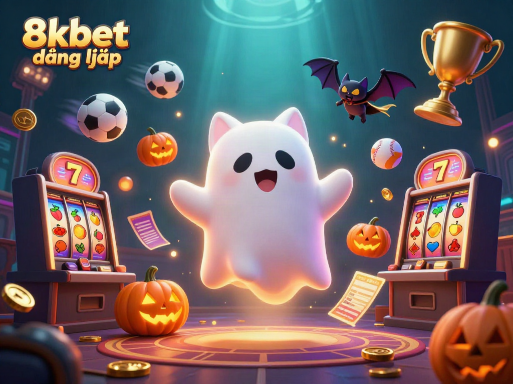 Experience fun with 8xbet đăng nhập, featuring a ghost cat and vibrant casino elements in 3D.