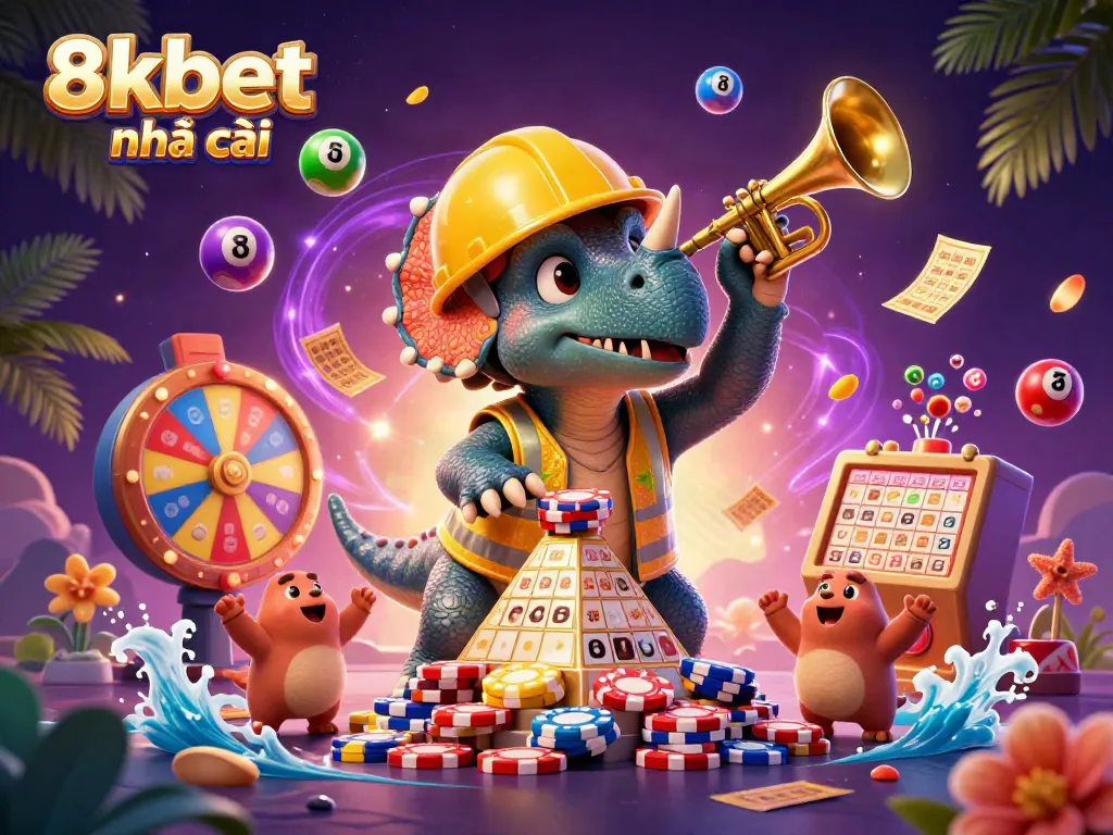 Engage with the colorful world of 8xbet nhà cái featuring a triceratops building poker chips amidst a dynamic lottery scene.